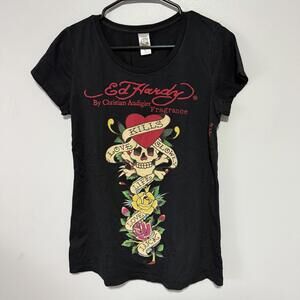 Vintage Y2K Christian Audigier Ed Hardy Shirt Ladies Black Skull Love SZ Large